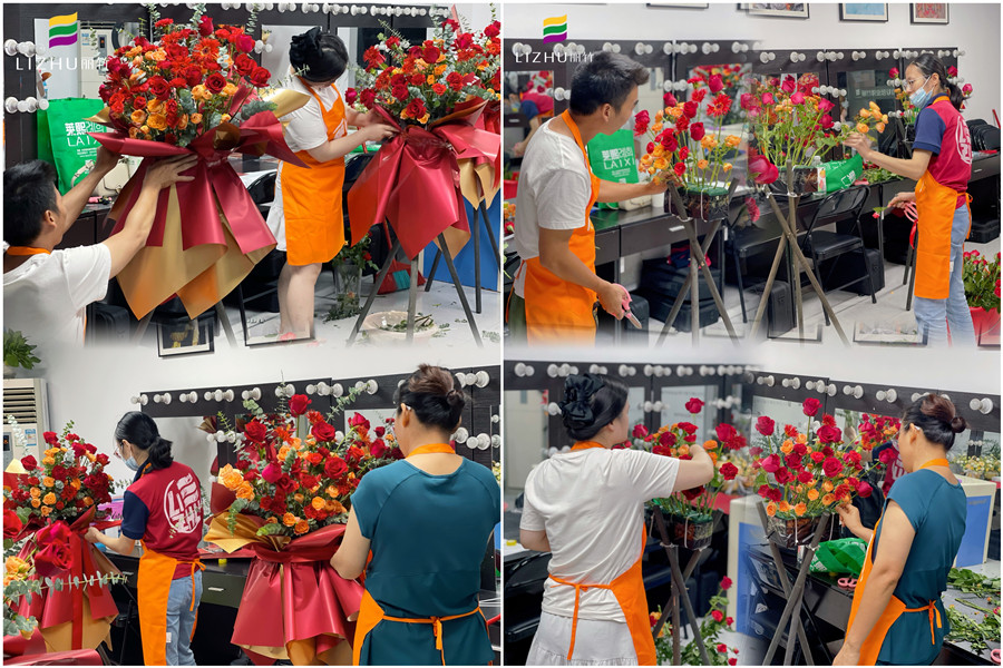 玫瑰開業(yè)花籃制作，廣西插花師學校學員作品