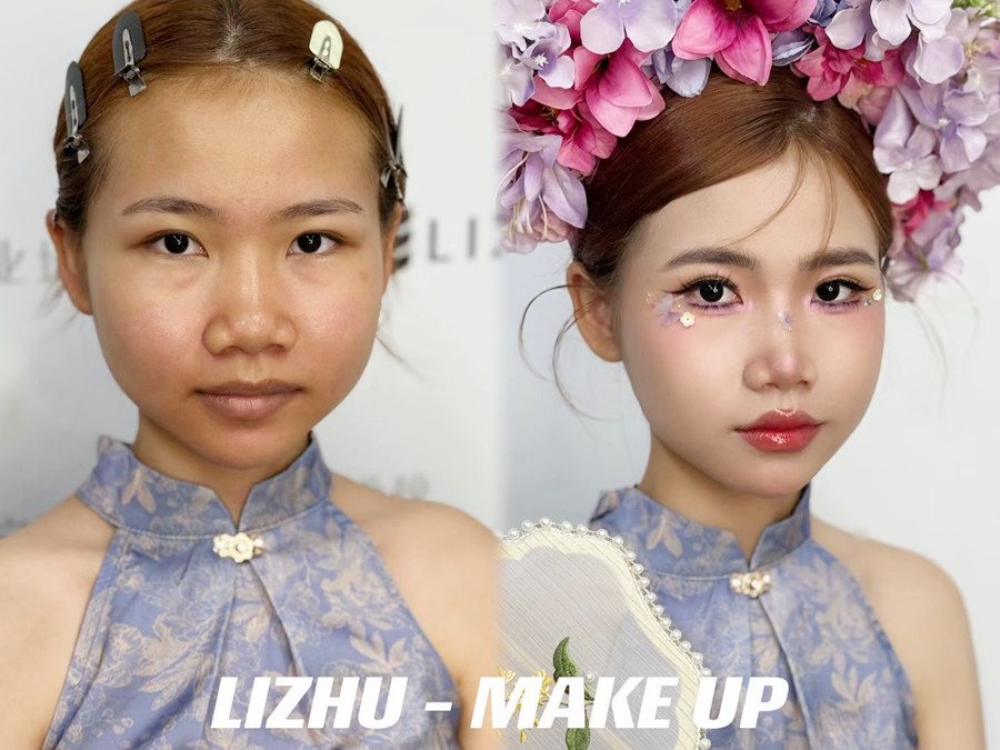 簪花造型課堂實(shí)況，廣西美妝課堂作品欣賞