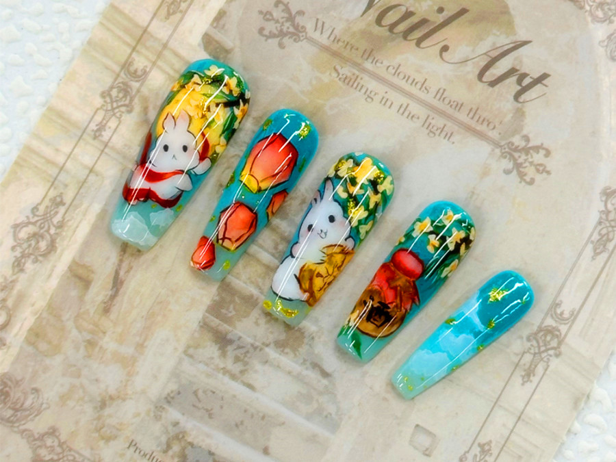 中秋兔子美甲，南寧美甲造型技術(shù)學校作品