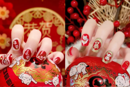 紅色喜慶卡通美甲，廣西美甲師學校整理