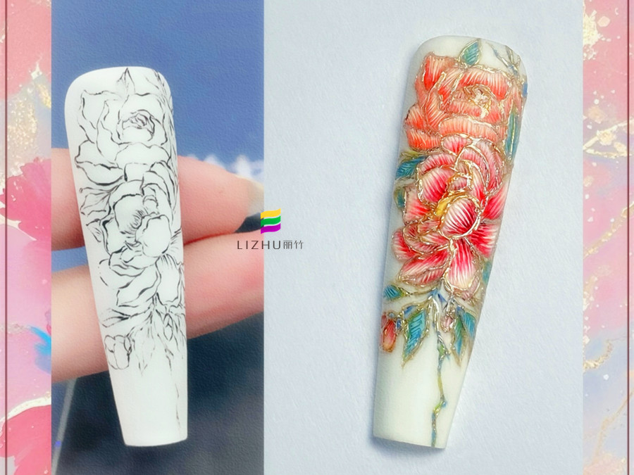 國風刺繡牡丹美甲，廣西美甲設計學校作品