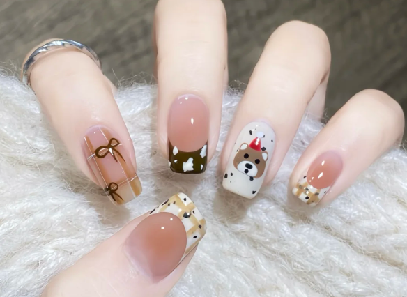 格紋手繪小熊美甲教程，南寧美甲教學(xué)分享