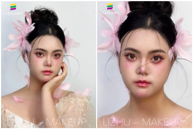 粉色羽毛寫真作品，廣西學(xué)化妝操作